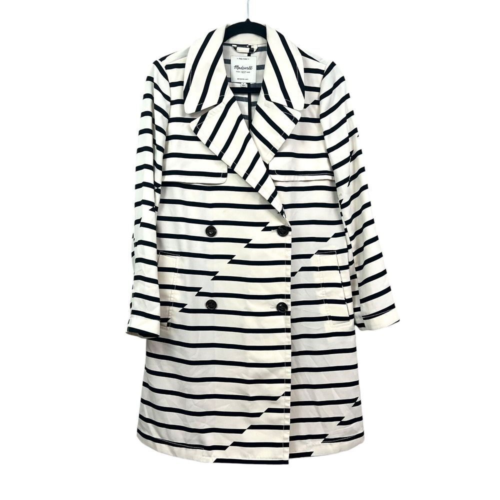 Madewell Womens Parcel Trench Coat Stripe Cream Black Double Breasted Pockets S*